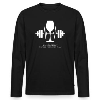 Genuss und Kraft: Wein und Gewichte - Männer Premium Bio Langarmshirt - Schwarz - Vorne - Nico (187cm)