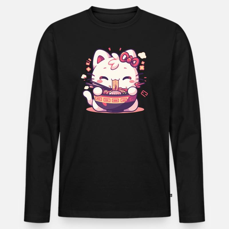 Katze isst Ramen - Männer Premium Bio Langarmshirt - Schwarz