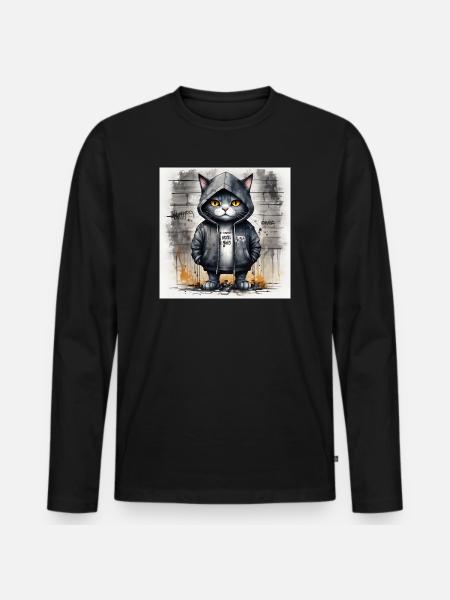 Graffiti-Katze im Hoodie - Männer Premium Bio Langarmshirt - Schwarz