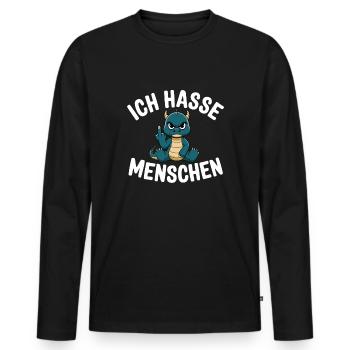 Drôle de dragon vert « Je déteste les gens » - T-shirt manches longues Premium bio Homme - noir - Devant - Nico (187cm)