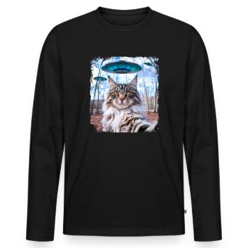 Weird Funny Main Coon Cat Selfie with Alien UFOs. - Men's Premium Organic Long Sleeve Shirt - black - Front - Nico (187cm)