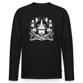 Lesende süße Katze mit Buch und Blumen - Männer Premium Bio Langarmshirt - Schwarz - Vorne - Nico (187cm)