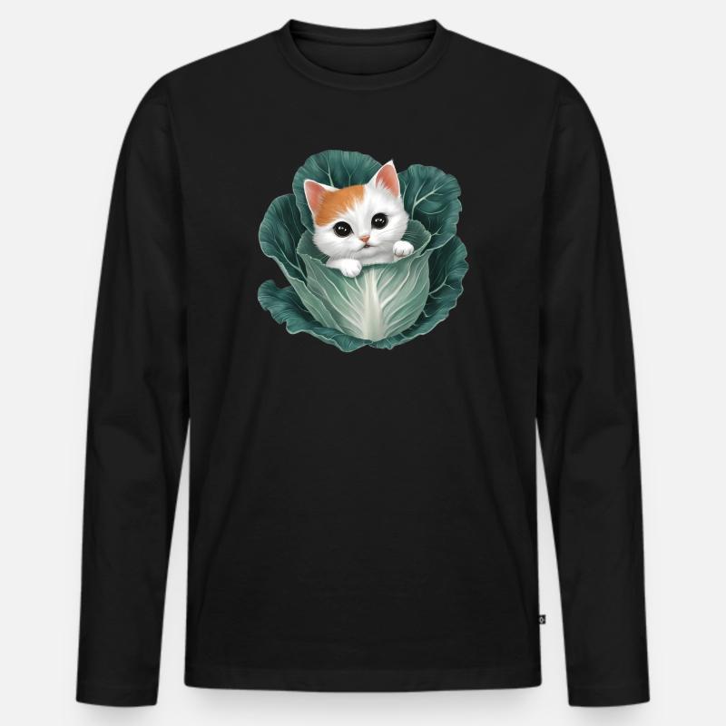 Kätzchen lugt aus Kohlblatt - Männer Premium Bio Langarmshirt - Schwarz