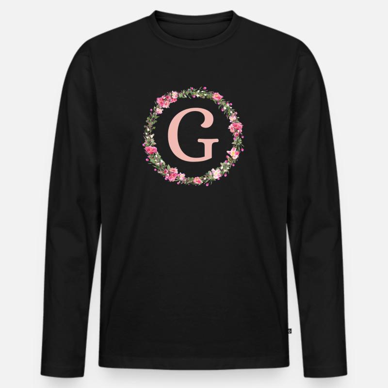 G Monogramm, Blumen-Kranz, personalisierbar - Männer Premium Bio Langarmshirt - Schwarz