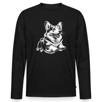 Cheerful Corgi in Jump - Black and White Portrait - Men's Premium Organic Long Sleeve Shirt - black - Front - Nico (187cm)