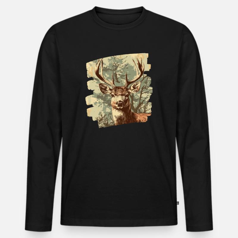 Hirsch mit Geweih - Männer Premium Bio Langarmshirt - Schwarz