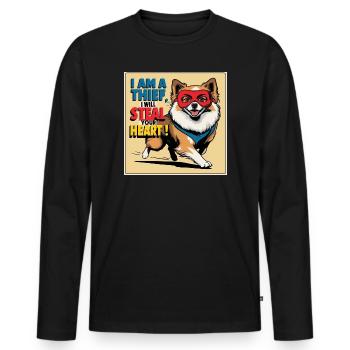 Chien de Poméranie « Je suis un voleur » - T-shirt manches longues Premium bio Homme - noir - Devant - Nico (187cm)