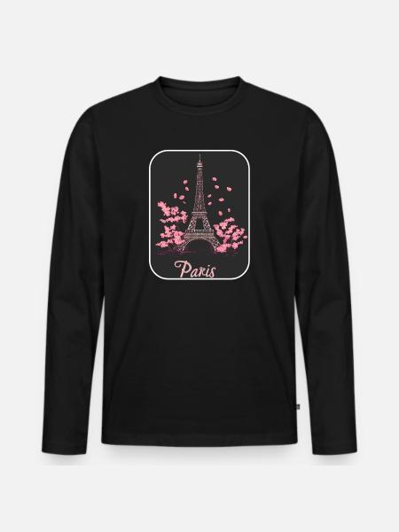 Fleur rose Eiffel à Paris - T-shirt manches longues Premium bio Homme - noir