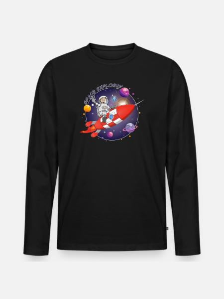 The astronaut and the red rocket in space - Men's Premium Organic Long Sleeve Shirt - black