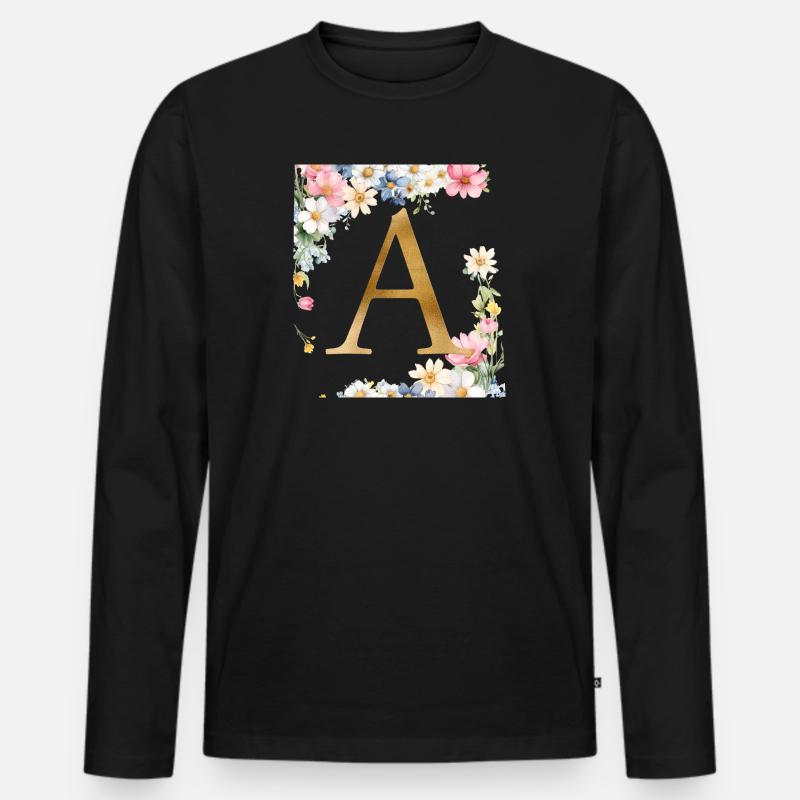 A Monogramm, Floral, personalisierbar - Männer Premium Bio Langarmshirt - Schwarz