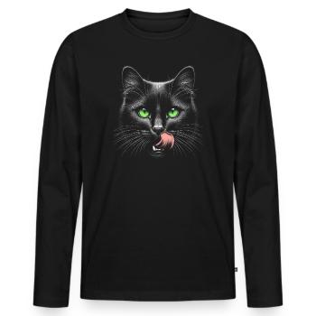Cat with green eyes and tongue sticking out - Men's Premium Organic Long Sleeve Shirt - black - Front - Nico (187cm)