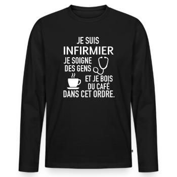 Cadeau humour infirmier - T-shirt manches longues Premium bio Homme - noir - Devant - Nico (187cm)