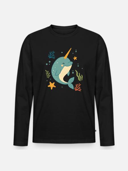 Narhval i havet – Havenes enhjørning - Premium økologisk langærmet T-shirt til mænd - sort