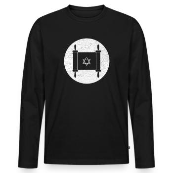 Torah scroll in a white circle - Men's Premium Organic Long Sleeve Shirt - black - Front - Nico (187cm)