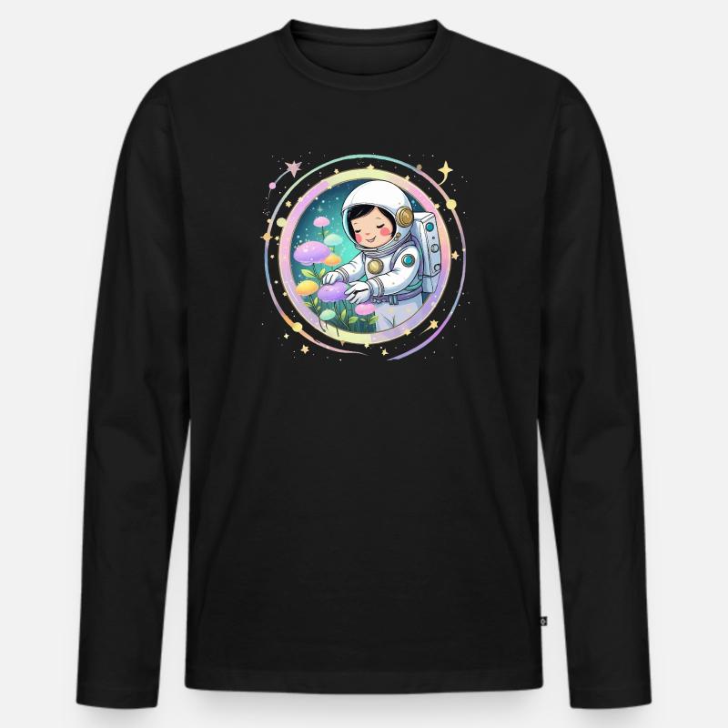 Astronautenmädchen mit Pilzen – Süßes Space-Design - Männer Premium Bio Langarmshirt - Schwarz