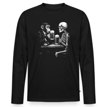 Humorous Skeleton and Monkey Beer Toast - Men's Premium Organic Long Sleeve Shirt - black - Front - Nico (187cm)