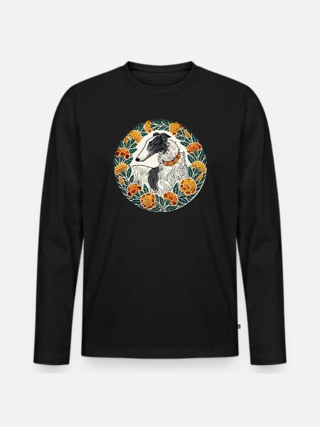 Lévrier élégant avec couronne de fleurs - T-shirt manches longues Premium bio Homme - noir