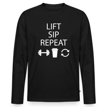 Lift • Sip • Repeat – Gym & Coffee Shirt | Workout - Männer Premium Bio Langarmshirt - Schwarz - Vorne - Nico (187cm)