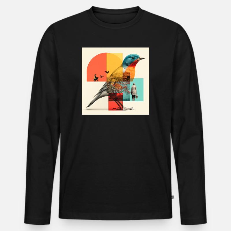 Gestaltwandelnder Vogel in bunter Collage - Männer Premium Bio Langarmshirt - Schwarz