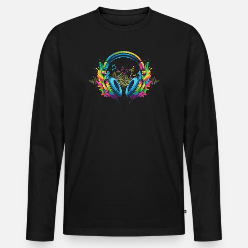 Lebendige Musik Kopfhörer Kunst - Männer Premium Bio Langarmshirt - Schwarz
