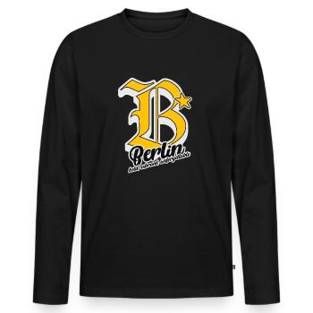 BERLIN City Letter Design – Bold, Vibrant, Unforge - Männer Premium Bio Langarmshirt - Schwarz - Vorne - Nico (187cm)