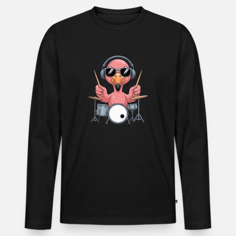 Flamingo Schlagzeuger Mit Kopfhörern - Männer Premium Bio Langarmshirt - Schwarz