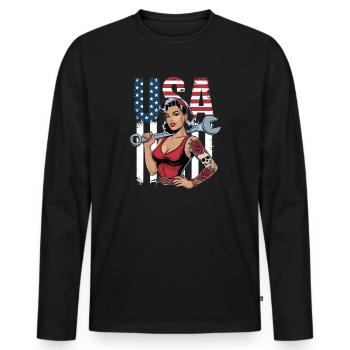 Femme forte avec une clé à molette devant le drapeau des États-Unis - T-shirt manches longues Premium bio Homme - noir - Devant - Nico (187cm)