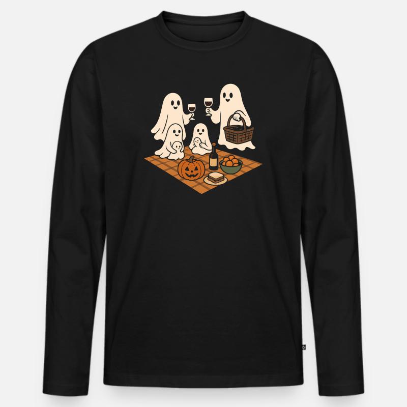 Gespenster beim Halloweenpicknick - Männer Premium Bio Langarmshirt - Schwarz