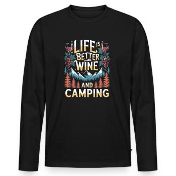  Camping Wein Berge Life Is Better With Wine And - Männer Premium Bio Langarmshirt - Schwarz - Vorne - Nico (187cm)
