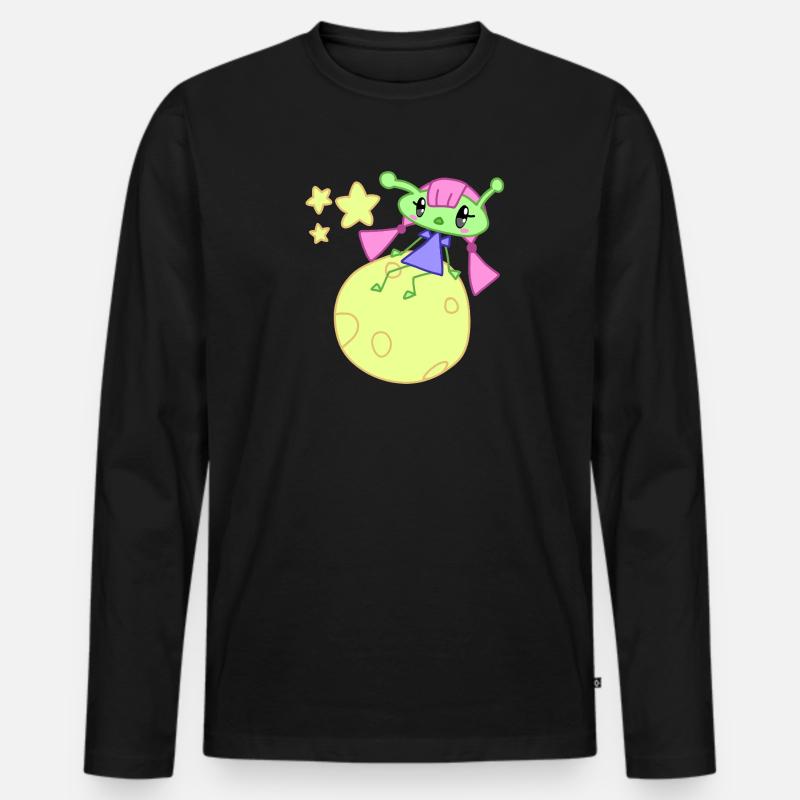Alien auf Mond mit Sternen - Männer Premium Bio Langarmshirt - Schwarz