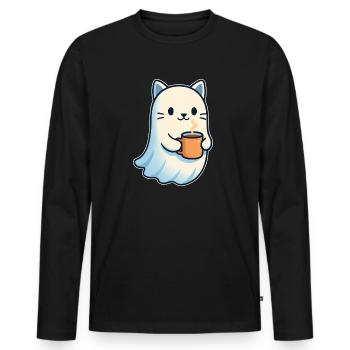 Kaffeegeist Katze mit Becher - Männer Premium Bio Langarmshirt - Schwarz - Vorne - Nico (187cm)