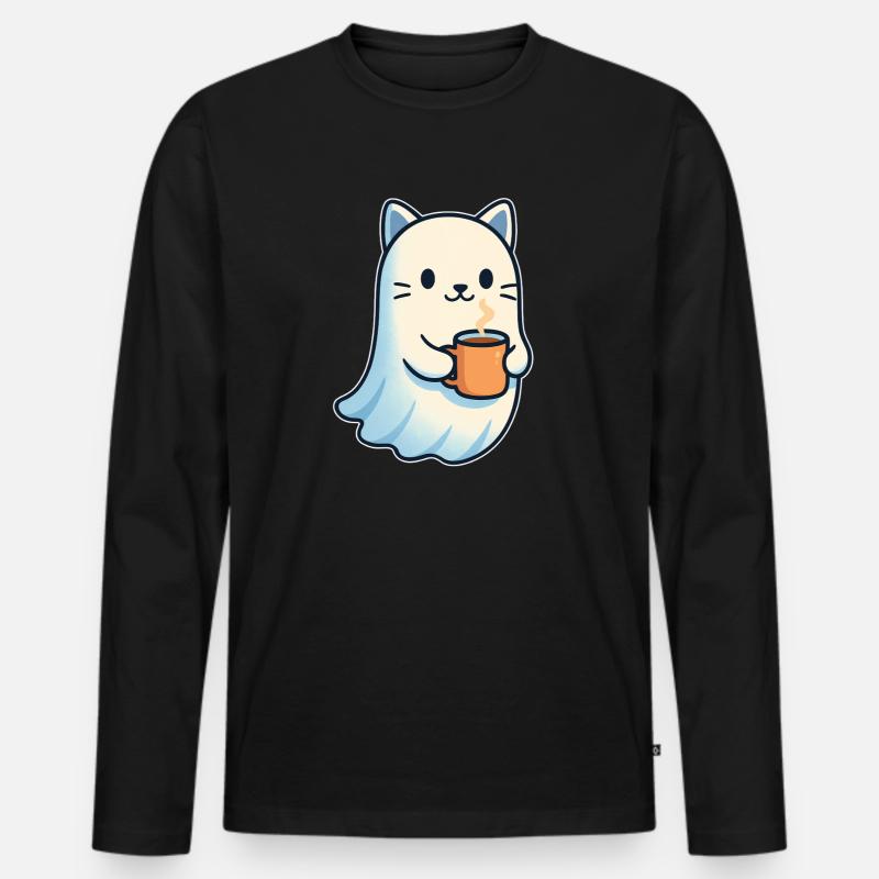 Kaffeegeist Katze mit Becher - Männer Premium Bio Langarmshirt - Schwarz
