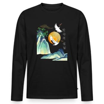 Korean Seollal Design – Cranes and Sun - Men's Premium Organic Long Sleeve Shirt - black - Front - Nico (187cm)