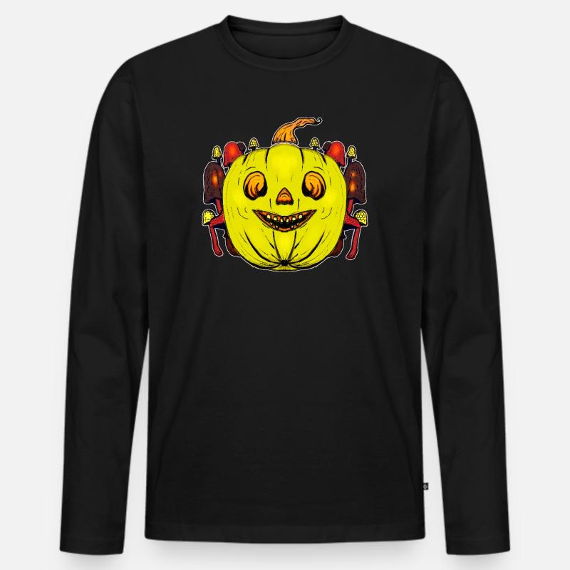 Grinsender Kürbis mit Pilzrahmen - Männer Premium Bio Langarmshirt - Schwarz