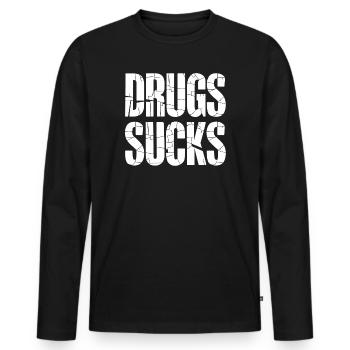 Slogan anti-drogue en gros caractères - T-shirt manches longues Premium bio Homme - noir - Devant - Nico (187cm)