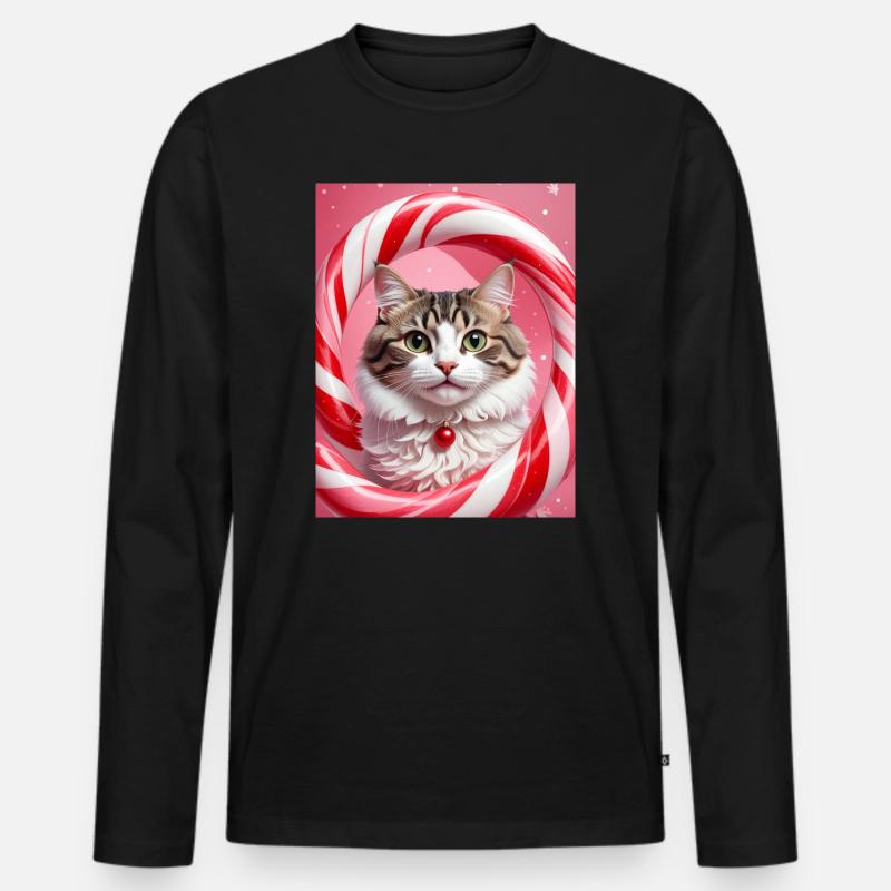 Weihnachtskatze im Süßigkeiten-Ring-Design - Männer Premium Bio Langarmshirt - Schwarz