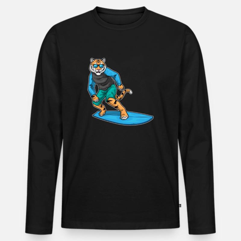Tiger Surfen Surfbrett Sommer - Männer Premium Bio Langarmshirt - Schwarz
