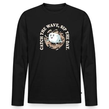 Attrapez la vague Sirotez la journée – Tendance café rétro - T-shirt manches longues Premium bio Homme - noir - Devant - Nico (187cm)