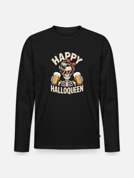 Happy Hallqueen Skelett mit Biergläsern - Männer Premium Bio Langarmshirt - Schwarz