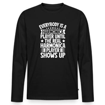 Musicien d’harmonica : le vrai joueur se présente - T-shirt manches longues Premium bio Homme - noir - Devant - Nico (187cm)
