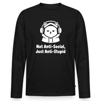 Katzenkopf Hoodie Spruch Anti Sozial - Männer Premium Bio Langarmshirt - Schwarz - Vorne - Nico (187cm)