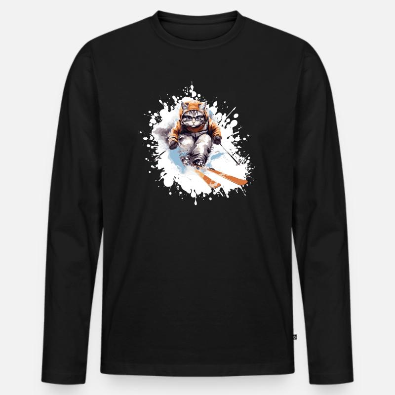 Katze Ski Skifahren - Männer Premium Bio Langarmshirt - Schwarz