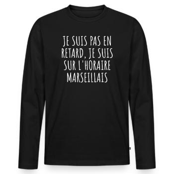 Punctuality Marseille - Humour Sud France - Men's Premium Organic Long Sleeve Shirt - black - Front - Nico (187cm)