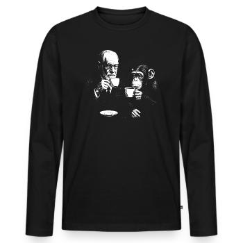 Sigmund Freud buvant du café avec un singe - T-shirt manches longues Premium bio Homme - noir - Devant - Nico (187cm)