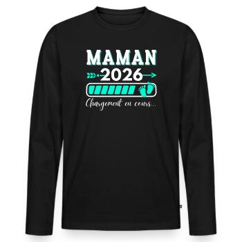 Maman 2026 Cadeau Amusant Mère Annoncer Grossesse - T-shirt manches longues Premium bio Homme - noir - Devant - Nico (187cm)