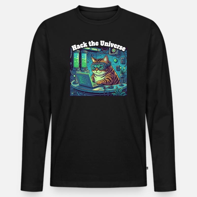 Hackerkatze im Universum - Männer Premium Bio Langarmshirt - Schwarz