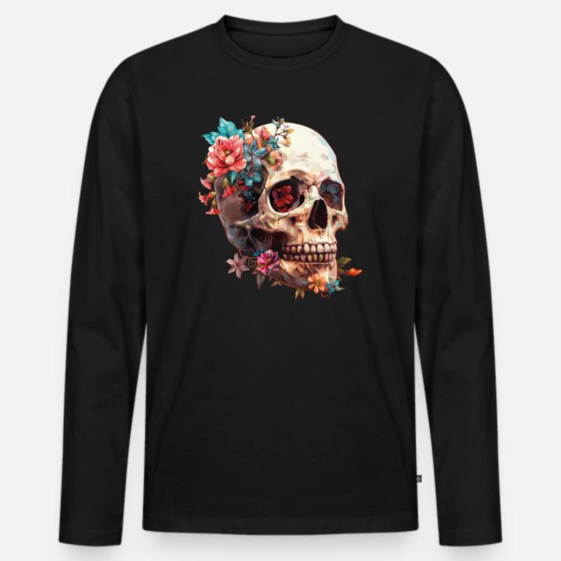 Totenkopf, Schädel mit Blumen - Männer Premium Bio Langarmshirt - Schwarz