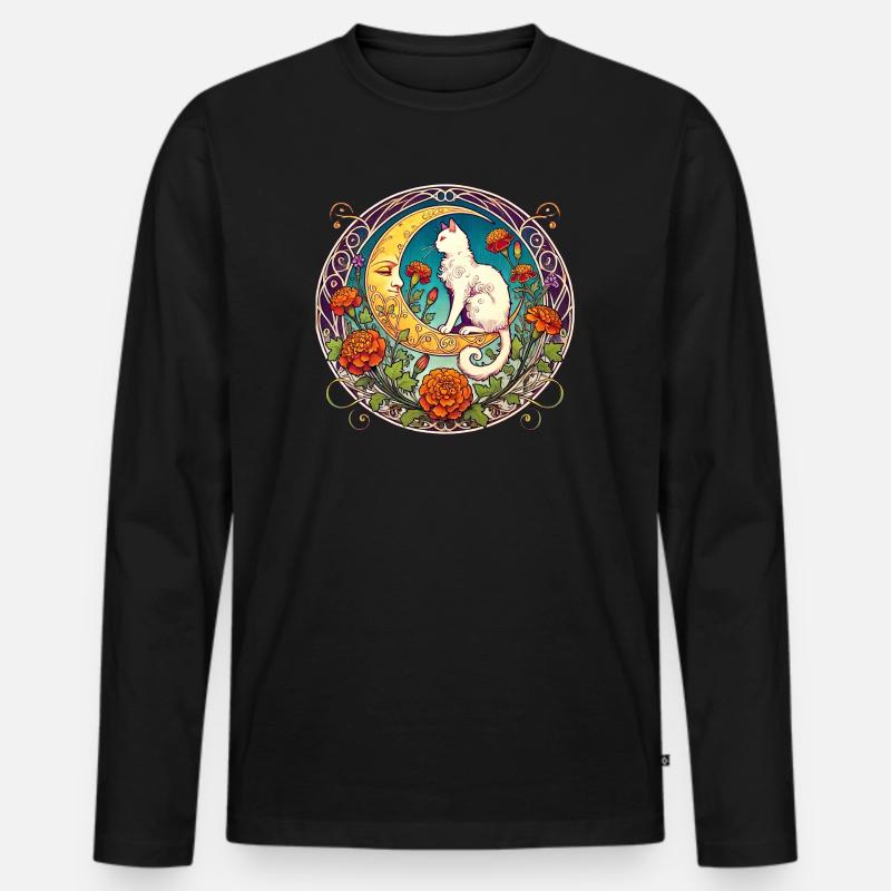 Mondscheinkatze in floralem Bogen - Männer Premium Bio Langarmshirt - Schwarz