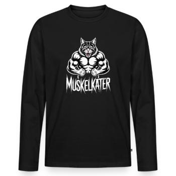 Muscular Sore Muscle Cartoon Cat - Men's Premium Organic Long Sleeve Shirt - black - Front - Nico (187cm)