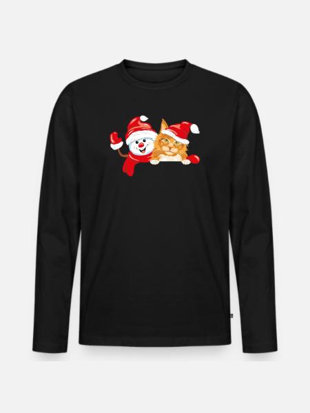 Waving happy snowman and ginger cat - Men's Premium Organic Long Sleeve Shirt - black